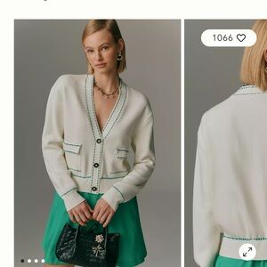 Anthropologie Cream Cardigan with Teal Trim